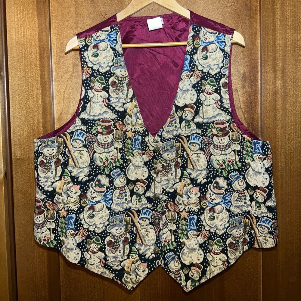 Bobbie‎ Brooks Vest Women XL 18/20 Tapestry Vintage 90s Christmas Snowman